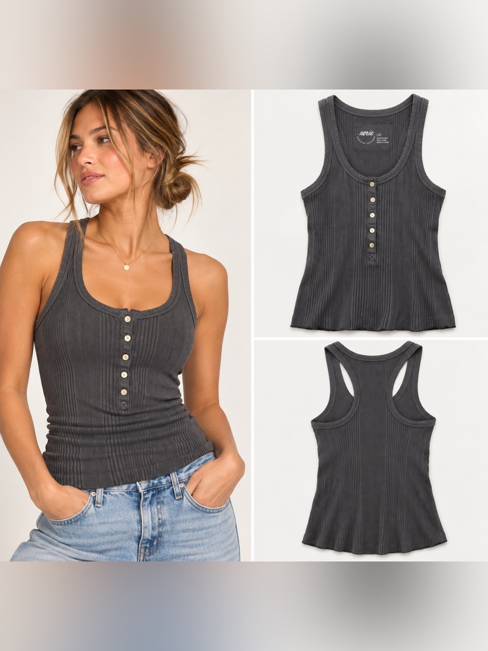 Aerie Ribbed Henley Racerback Tank L Charcoal Gray Y2K
